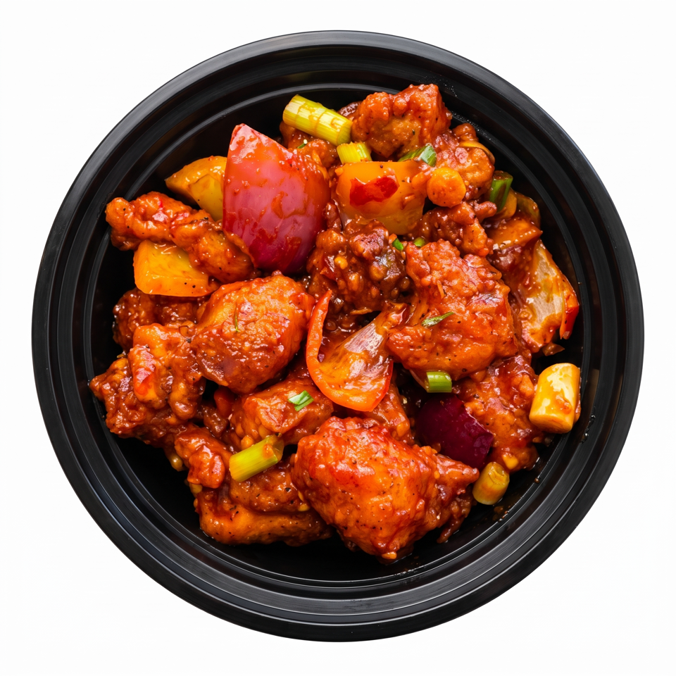 Bowl of glossy spicy fried chicken pieces tossed with bell peppers, onions, celery, and peanuts.