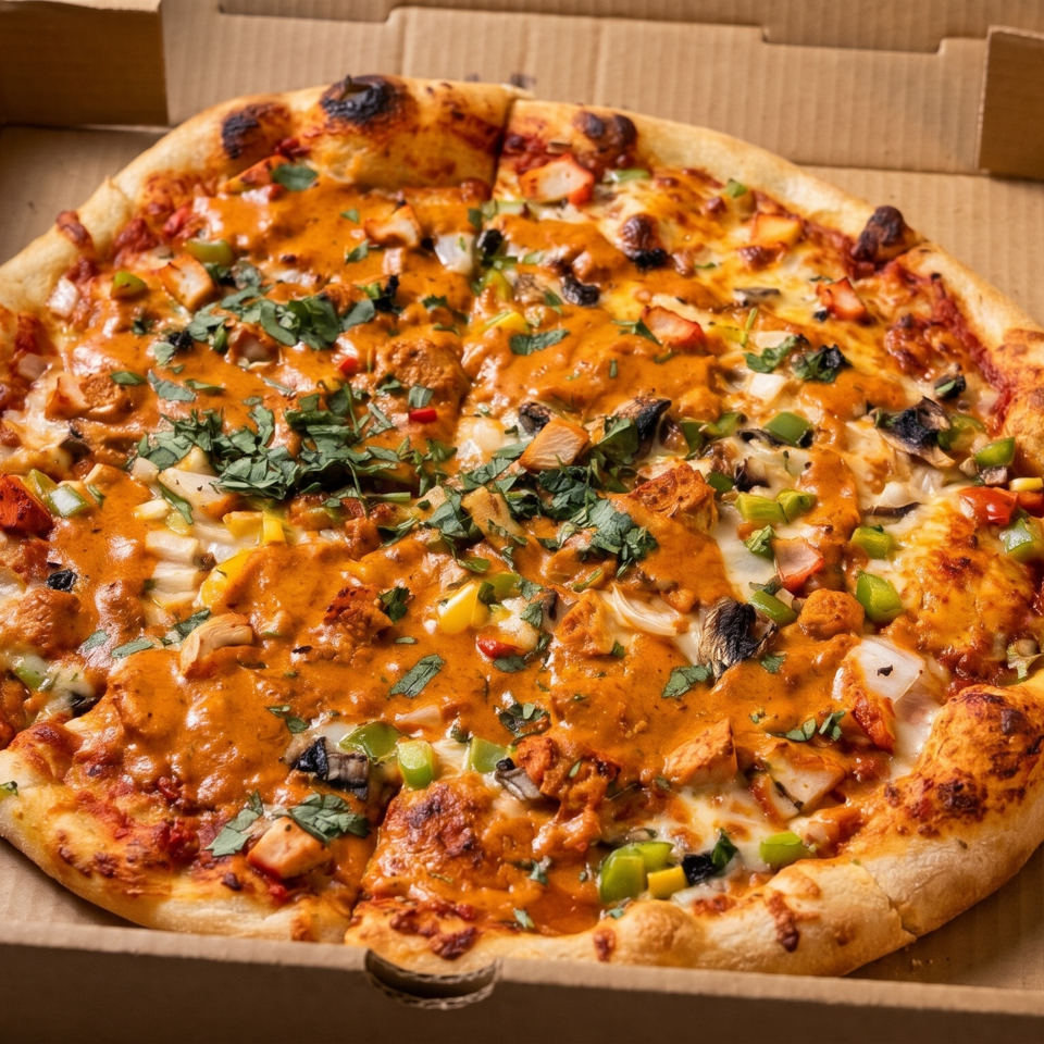 A loaded pizza with vegetables, chicken, herbs, and creamy orange sauce sits in an open cardboard box.