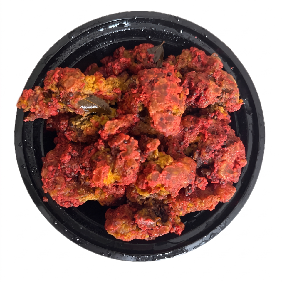 Black container filled with crispy red-orange fried chicken pieces garnished with whole bay leaves.